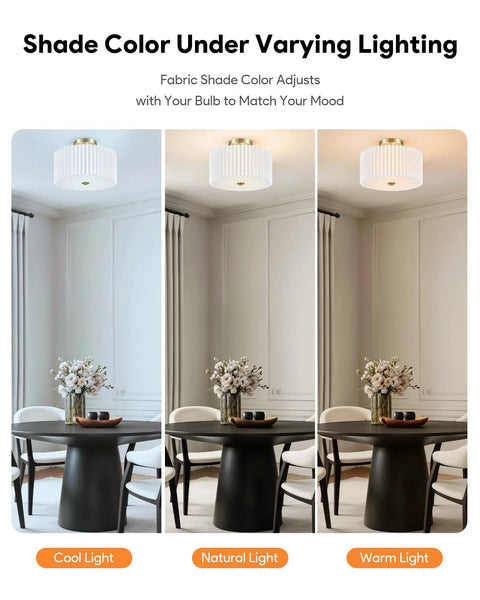 Two Light Semi Flush Mount Ceiling Light With Pleated White Shade Bronze Finish in varied lighting above dining table