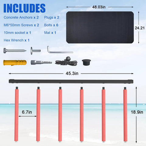 Components of Heavy Duty One Piece Surfboard Wall Rack With Powder Coated Carbon Steel Build, showing hardware and dimensions.