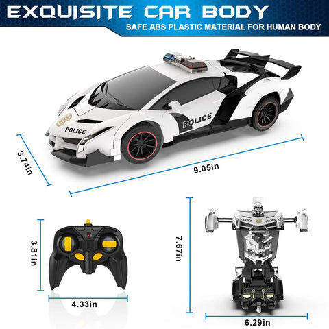 RC Totally Transforming Car Robot For Kids One Button Deformation To Robot with remote and measurements in white color