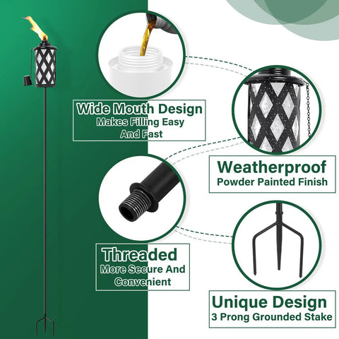 Citronella Outdoor Torches Set Of 6 White 16 Oz Each With 59 Inch Metal Poles And 3 Prong Grounded Stakes For Backyard Patio Garden
