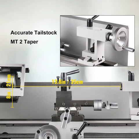 Awesome 8X14 Mini Metal Lathe Machine With High Precision Spindle for Turning Threading and Drilling showing accurate tailstock MT 2 taper.