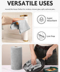Fantasticlean gray microfiber towel roll; hand wipes kitchen faucet with cloth, gray towels beside a pan.
