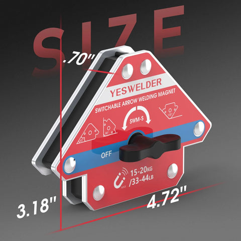YESWELDER switchable arrow welding magnet, front view, red body with blue ON/OFF lever, 33–44 lb