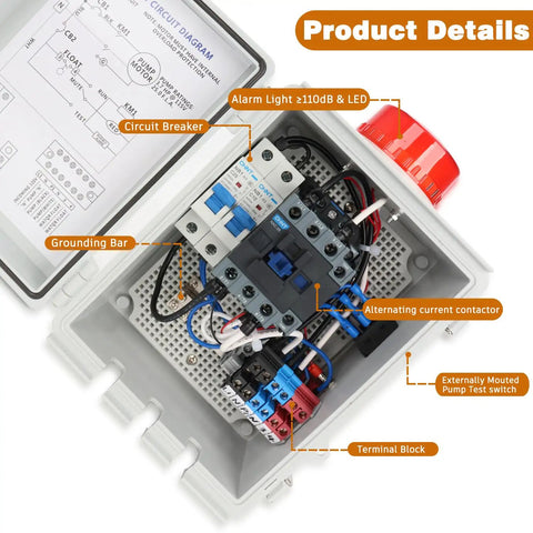 Upgraded Septic Control Panel With Alarm And Float Switch 110 dB Audible With Flashing Lights pump circuit breaker and terminal block