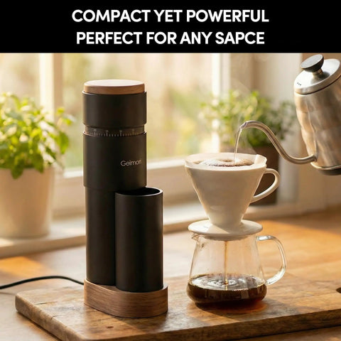 Wirsh Geimori T38 Plus Portable Electric Burr Coffee Grinder with stepless conical burrs, compact size perfect for kitchen setups.