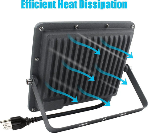Back view of Two Pack 100W LED Outdoor Flood Lights Heavy Duty Security Floodlights showing heat dissipation feature, IP66, 110V plug