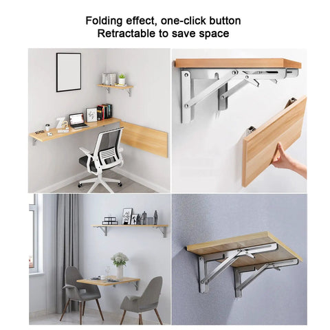 Heavy Duty Folding Shelf Brackets Built Legit Durable With Seamless Stainless Steel Wall Mount Table Support Hardware For Space Savvy DIY Setups And Collapsible Floating Shelves, showcasing foldable desk and storage options.