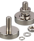 Beefy Neodymium Pot Magnets 2 Pack Heavy Duty Anti Broken Rare Earth With M8 Threaded Mounting Magnets displayed with washers and nuts
