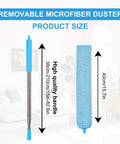 Retractable Gap Duster With Microfiber Dusting Cloths showing size dimensions for handle and cloth in home setting