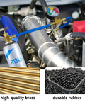 R134A Refrigerant Charge Hose Kit With Gauge For Car AC shown in use with brass and rubber materials, can and gauge visible