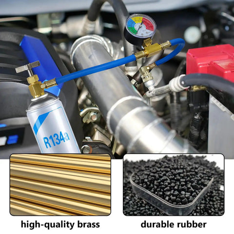 R134A Refrigerant Charge Hose Kit With Gauge For Car AC shown in use with brass and rubber materials, can and gauge visible