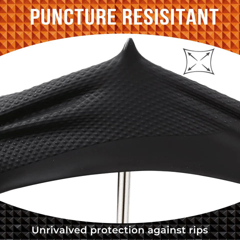 Close-up of black textured nitrile glove with diamond pattern grip
