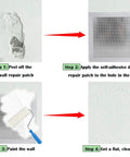Illustration showing steps for using 7.87 Inch Drywall Repair Patch Kit Peel And Stick For Large Holes Quick Fixes Sheetrock Ceiling Plaster Aluminum Wall Repair Patch Three Pack Durable Self Adhesive No Tools Required For Home DIY Repairs.