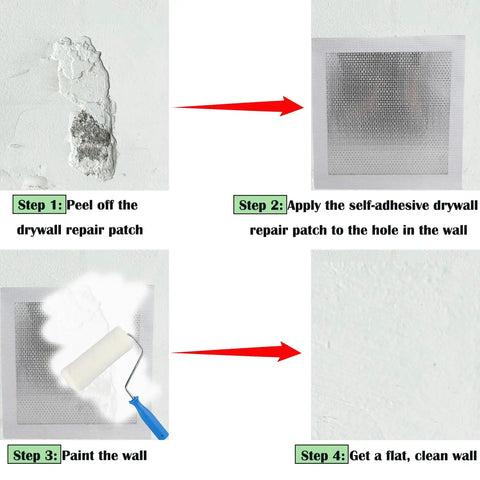 Illustration showing steps for using 7.87 Inch Drywall Repair Patch Kit Peel And Stick For Large Holes Quick Fixes Sheetrock Ceiling Plaster Aluminum Wall Repair Patch Three Pack Durable Self Adhesive No Tools Required For Home DIY Repairs.