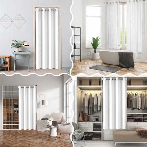 Four living spaces showcasing doorway privacy curtain 1 panel 42x80 inches ocean nautical navy blue geometric stripes coastal vibes.