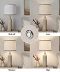 Three Way Dimmable Touch Table Lamp With USB A And C Ports, vintage washed white set, showing off, low, medium, high settings