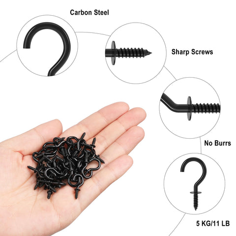 Hand holding pack of Half Inch Screw Hooks Black 100 Pcs Small Metal Twist In Hooks; details include sharp screws and no burrs.