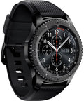 Renewed Gear S3 Frontier Smartwatch 46mm Bluetooth Tracker With Vivid Super Amoled Display in dark gray with sporty design.