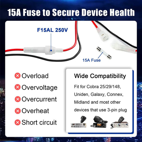 Image showing 15A fuse on 2-Wire CB Power Cable With 3 Pin Plug And 15A Fuse, 59 Inch Long Replacement CB Radio Power Cord details.