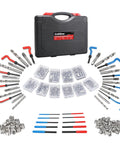 Gearhead Friendly Thread Repair Kit For Auto Shop Use with universal SAE and metric inserts laid out with tools and storage case.