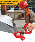 Worker using 9 Inch Hand Pull Sheet Metal Cutter Nibbler for thin steel in a workshop, focus on handle and cutting action