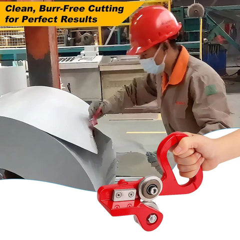 Worker using 9 Inch Hand Pull Sheet Metal Cutter Nibbler for thin steel in a workshop, focus on handle and cutting action