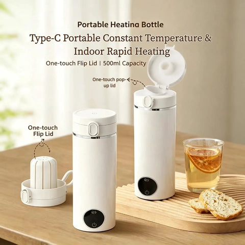 Grab And Go Travel Kettle, 500 Ml Heated Water Cup on a wooden surface with a drink, showcasing its flip lid and design.