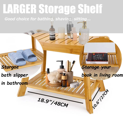 Beige Bamboo Shower Bench With Storage Shelf 2 Tier Spa Stool For Inside Shower Sturdy Bath Bench For Adults And Elderly Non Slip Seat Up To 300 Lbs Easy To Clean And Safe Bath Accessories showing larger storage shelf with items