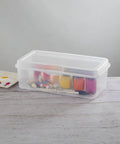 Six Pack Large Clear Plastic Storage Box With Hinged Lid holding art supplies on a table