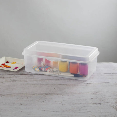 Six Pack Large Clear Plastic Storage Box With Hinged Lid holding art supplies on a table