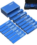 Heavy Duty 15 Piece Aluminum Setup Blocks And Height Gauge Set Featuring Precision Router Table Bars With Dead On Size Markings, blue anodized blocks, various sizes displayed.