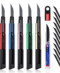WORKPRO retractable utility knife set: 5 aluminum box cutters in red, blue, pink, green, gold with 10 extra 9mm blades