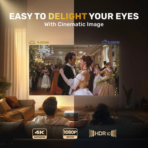 Couple watching film with D1 Smart Projector With WiFi And Bluetooth Built In Apps Auto Focus And Keystone