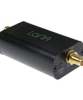 Black Ultra Low Noise LNA Module for RF and SDR with 20 MHz to 4 GHz wideband, showing brass connectors on side view.