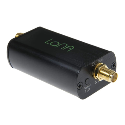 Black Ultra Low Noise LNA Module for RF and SDR with 20 MHz to 4 GHz wideband, showing brass connectors on side view.