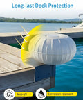 Dock Corner Wheel Bumper For Boats 12.6 Inch Inflatable Marine Grade PVC with smooth rolling wheel attached to a dock corner