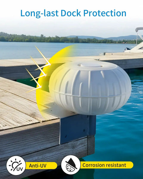 Dock Corner Wheel Bumper For Boats 12.6 Inch Inflatable Marine Grade PVC with smooth rolling wheel attached to a dock corner