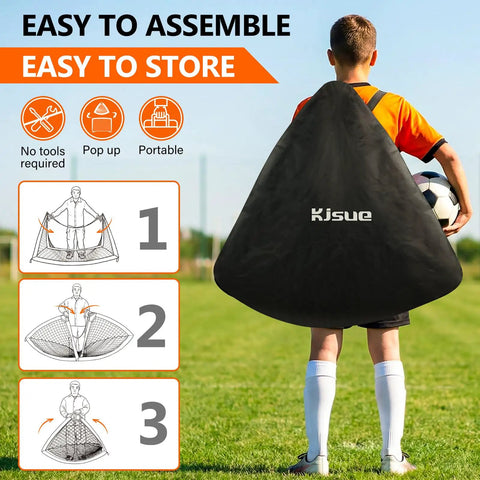 Child carrying Backyard Pop Up Soccer Goals Set of 2 for Kids, 4x3ft Training Nets with bag, on a grass field.