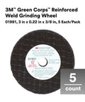 Green Corps Pro Grade Reinforced Weld Grinding Wheel 3 In Diameter, 0.22 In Thick, 3/8 In Arbor, 5 Pack; heavy duty, resin bonded