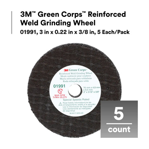 Green Corps Pro Grade Reinforced Weld Grinding Wheel 3 In Diameter, 0.22 In Thick, 3/8 In Arbor, 5 Pack; heavy duty, resin bonded