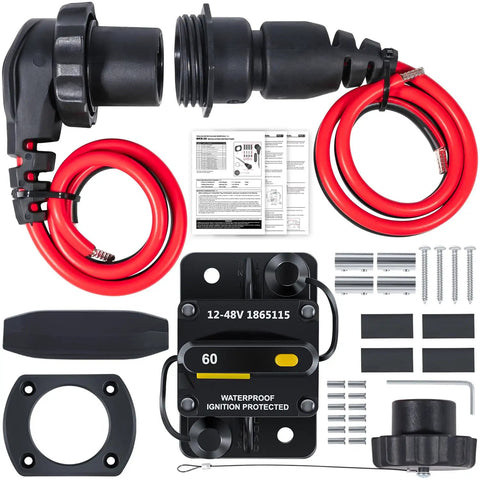 Beefed Up Heavy Duty Trolling Motor Plug And Receptacle With 60 Amp Circuit Breaker, wires, screws, and mounting kit.