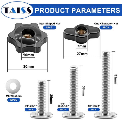 T Track Knob Kit Set For Woodworking Jigs And Fixtures With star and T knobs, bolts, and washers, displayed with dimensions.