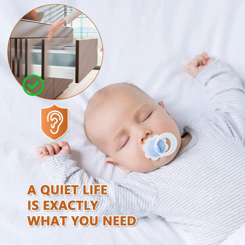 Sleeping baby with text overlay and image of cabinet using 100 Pack Cabinet Door Bumpers Self Adhesive Rubber Pads Noise Dampening Circular Dots