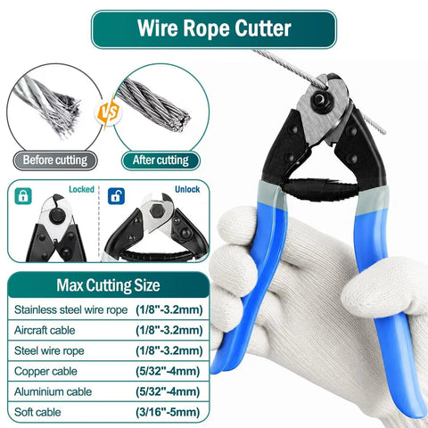 1/8 Inch Stainless Steel Wire Rope Kit With 164 Foot Heavy Duty Cable And Complete Crimping Tool Set Featuring M3 Thimbles Aluminum Sleeves No Sweat Diy Setup Ready To Roll For Quick Projects, wire rope cutter, cutting steel cable.