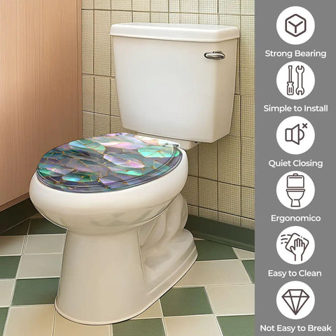 Toilet Seat Round Resin for Bathroom with colorful mosaic design installed on a standard toilet in a stylish bathroom setting.