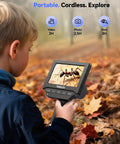 Child using 4.3 Inch Digital Coin Microscope With Built In Scale And Illuminated Magnifier Weigh Coins In Grams Ounces Carats Ideal For Collectors Jewelers Students Windows Mac Compatible in forest setting.