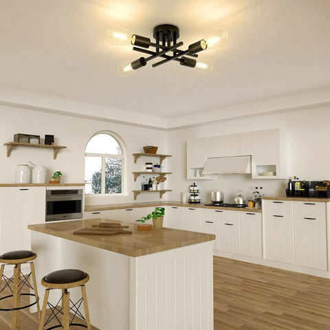 Industrial Dope 4 Light Flush Mount Ceiling Fixture In Black illuminating a modern farmhouse kitchen.