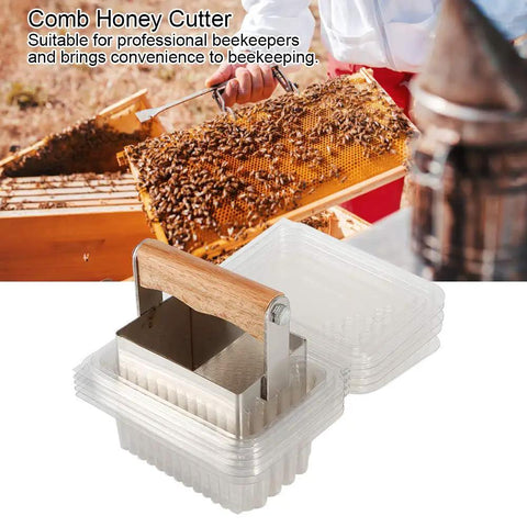 Stainless Steel Comb Honey Cutter And Scraper With Plastic Box Beekeeping Tool shown with honeycomb and bee smoker.