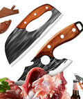 Do It All Hand Forged Chef Knife And Cleaver Set With Carbon Steel Blades, ergonomic wooden handles, and leather sheaths