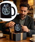 Solid Build Ceramic Coffee Mug, Hella Durable Sipper For Hot Or Cold Drinks, man unboxing mug with car wheel design